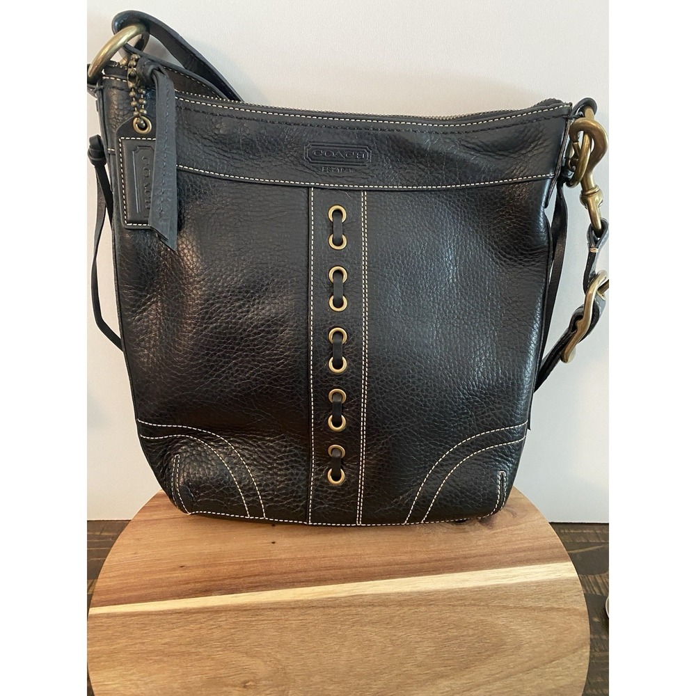 Vintage Coach Black Chelsea Laced Duffle Crossbody Pebble Leather bag 10399 NWOT